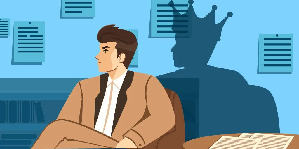 A young man in elegant clothes sitting in an armchair with an arrogant look and a shadow with a crown in the background
