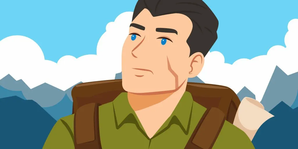 A male hiker with a scar stretching across his face looking hopefully upwards