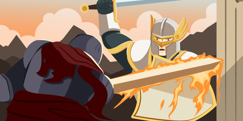 Protagonist in white knight armor and antagonist in dark knight armor in an epic sword fight