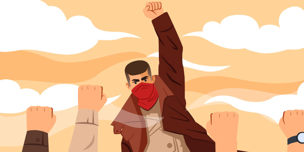 A rebel character with a red bandana raising his fist up with a group of people