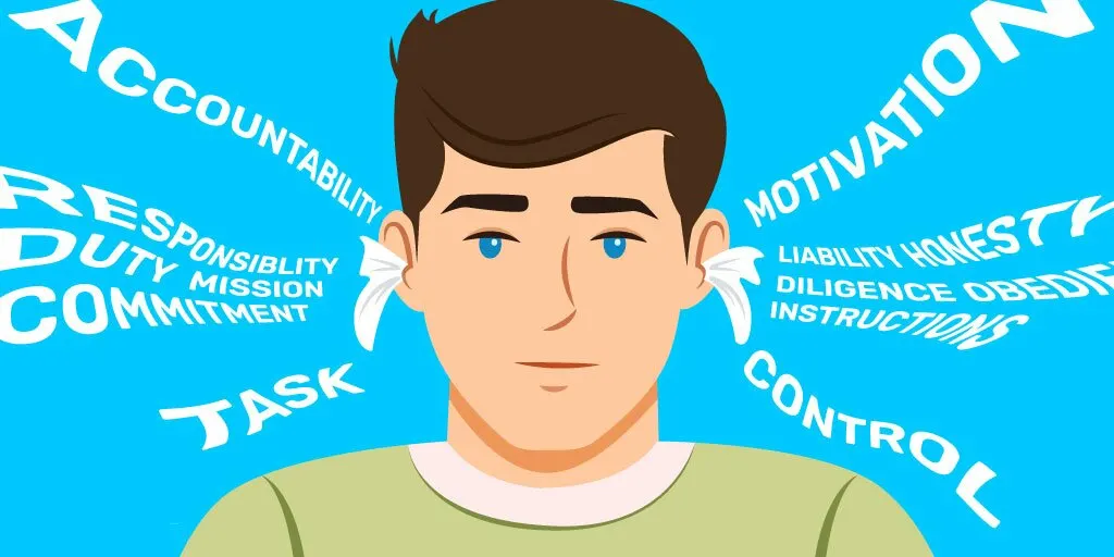 A man with handkerchiefs in his ears and an ignorant look surrounded by words