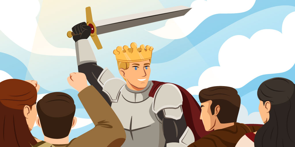 Blond knight with golden crown victoriously raising his sword in front of a crowd of people