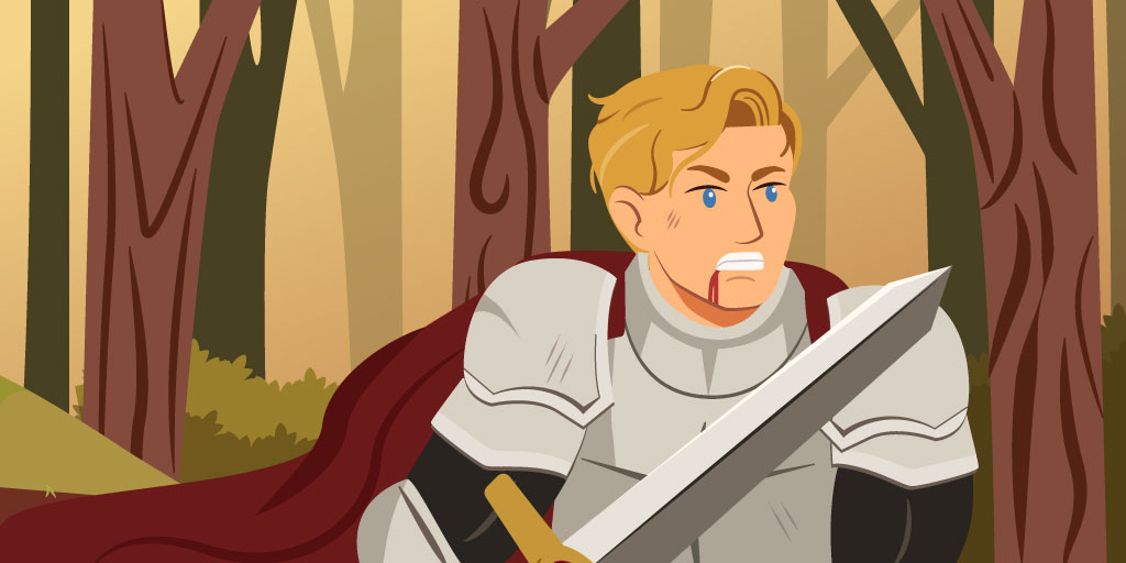 Blond knight with light wounds on his face sneaking through a forest