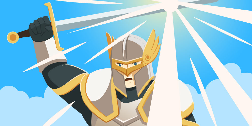 Protagonist as a knight in white golden armor who raises his sword victoriously into the air