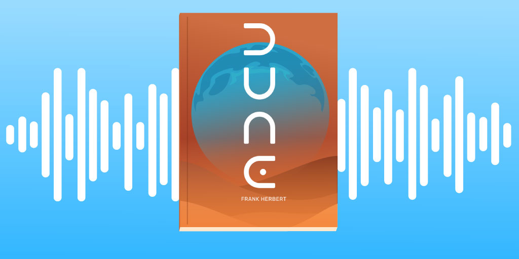 Book cover of the audiobook "Dune" by Frank Herbert as abridged version with an audio wave as background