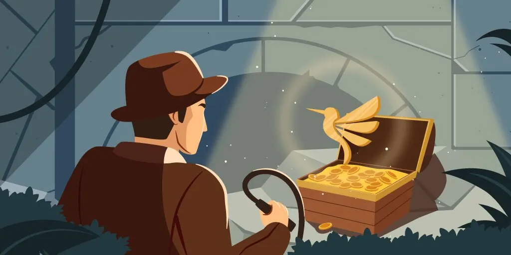 Adventure who discovers a treasure chest full of gold in a jungle temple