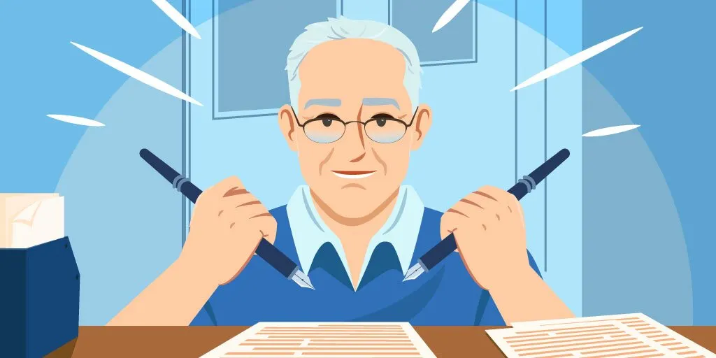 Randy Ingermanson in motivated pose with two fountain pens in front of a desk