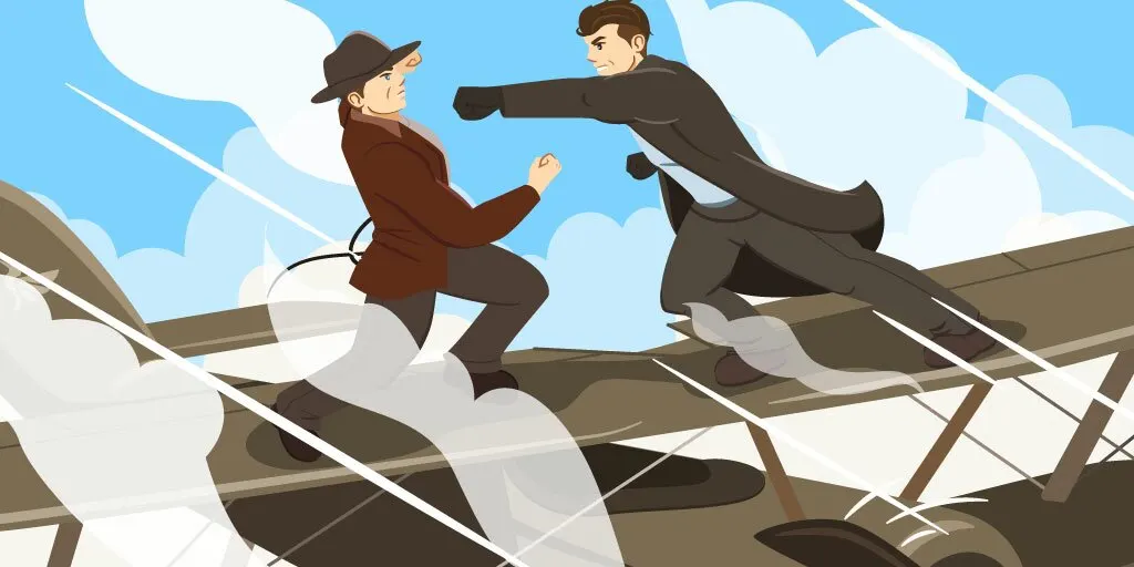 Action scene where an adventure and a villain fight on top of a flying plane
