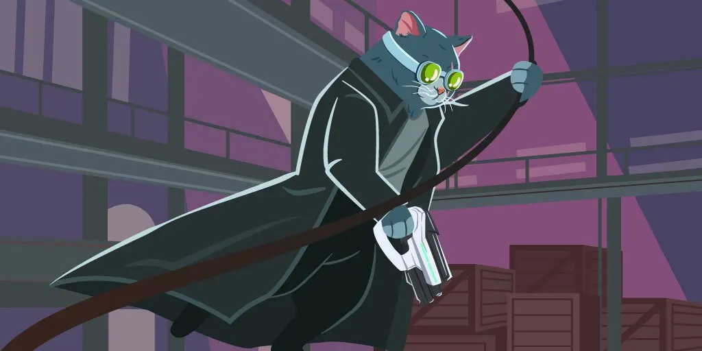 Secret agent cat swinging on rope