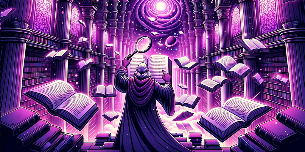 Scholar in a grand library examining ornate sentences highlighted in purple amidst floating books and a purple nebula
