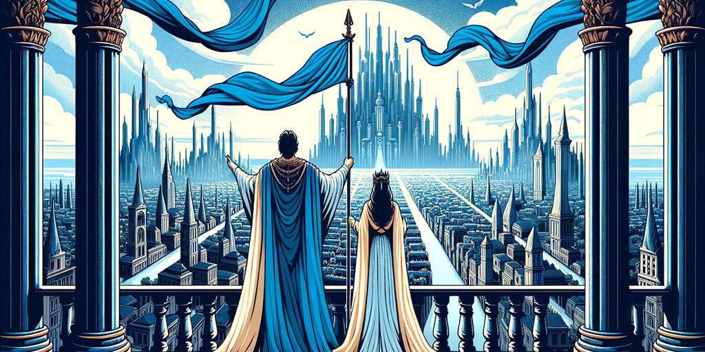 Authoritative ruler on a balcony with blue banners, overlooking a sprawling cityscape bathed in blue hues.