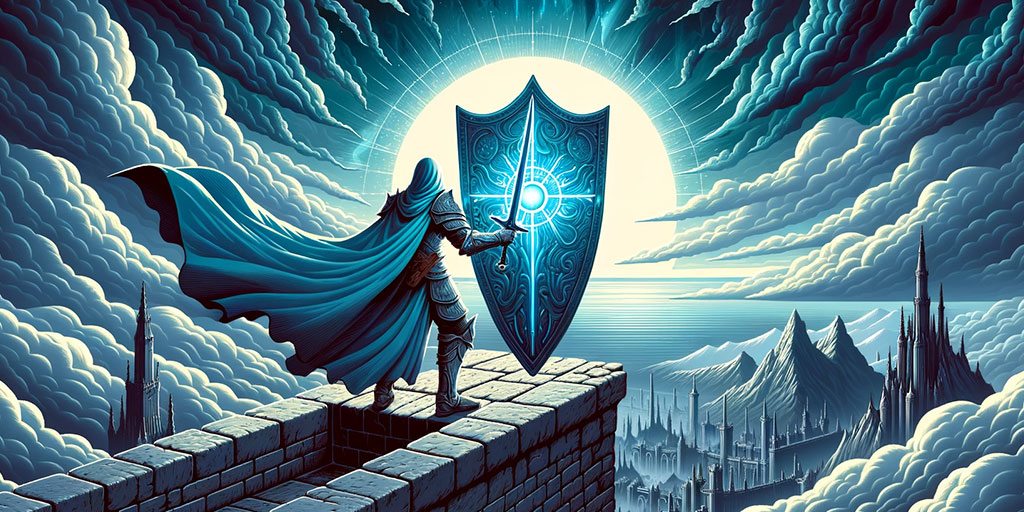 Guardian on a fortress wall with a glowing blue shield, ready to protect against looming threats on the horizon.