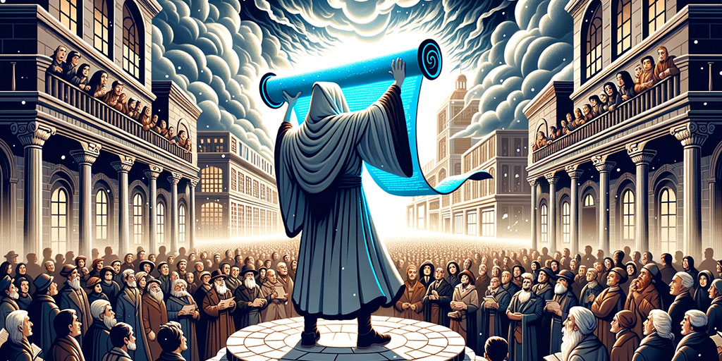 Herald with a glowing blue scroll on a city platform, with an anticipative crowd and stormy horizon signaling upcoming challenges.