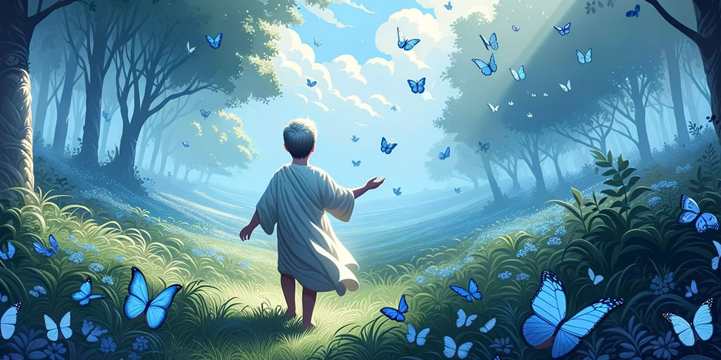 Innocent individual in a lush meadow with blue butterflies, radiating optimism and a q