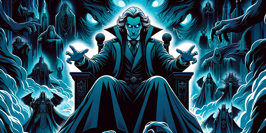 Dark vibrant blue villain figure surrounded by symbols of deceit, embodying malevolence and opposition.