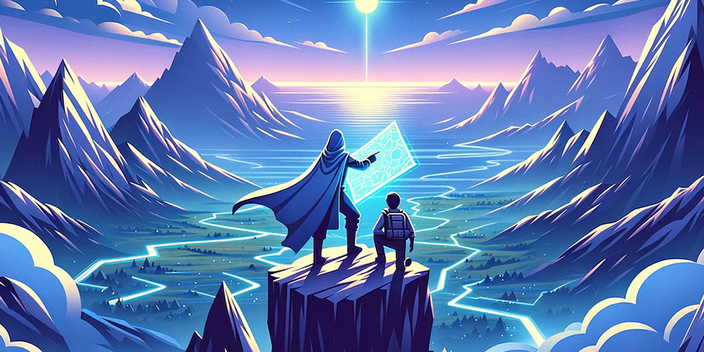 Ally guiding a hero on a mountain peak with a holographic map in a blue sunset.
