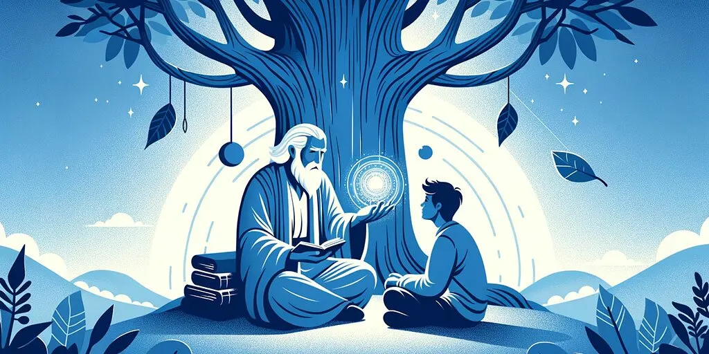 Elderly figure, 'The Mentor', imparting wisdom to a younger individual under a tree.