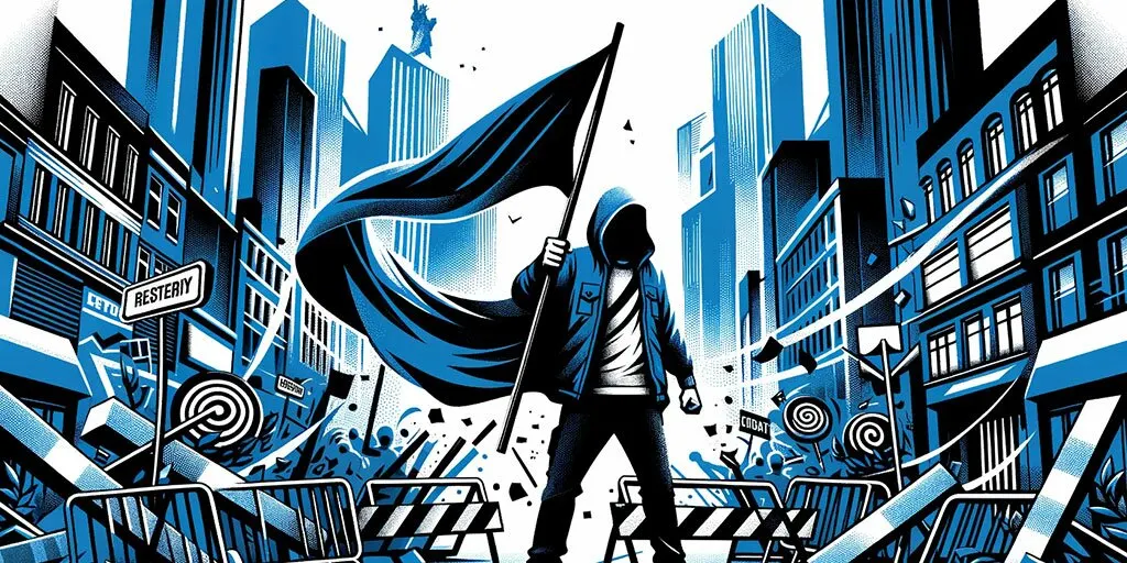 Defiant figure depicting 'The Rebel', amidst signs of protest and resistance in an urban backdrop.