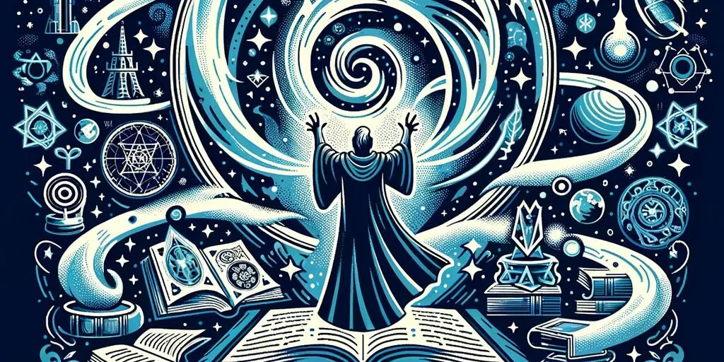 Figure illustrating 'The Magician', performing a magical act with celestial and arcane symbols in the background.