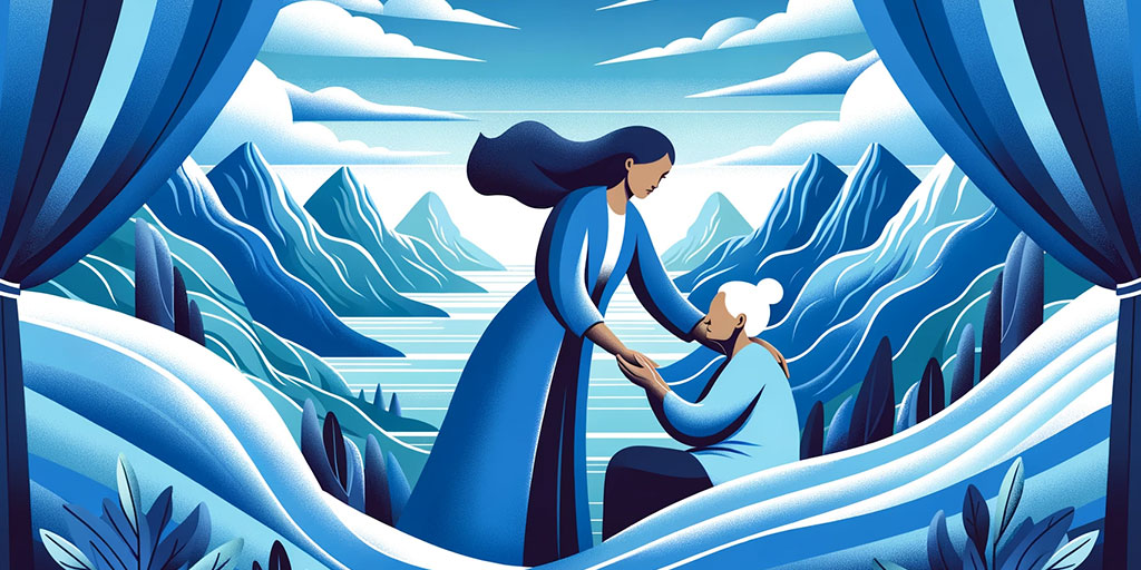 Diverse female caregiver supporting an elderly figure in a grand blue landscape with distant mountains and flowing curtains.