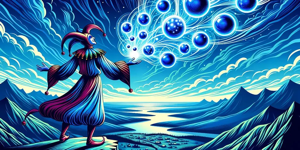 Jester on a hill releasing blue energy spheres in a vast twilight landscape, emphasizing the magical nature of joy.