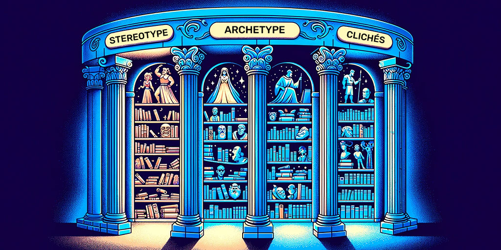 A library with sections dedicated to Archetypes, Stereotypes, Stock Characters, and Clichés, each with unique visuals.