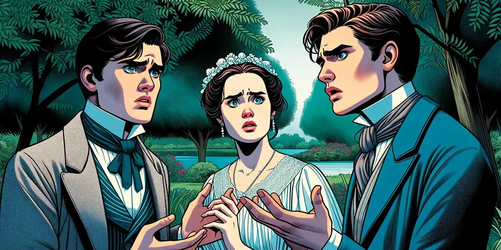 Pivotal garden scene from 'Atonement' capturing Briony's misinterpretation between Cecilia and Robbie.