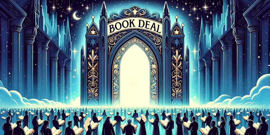 Diverse authors in awe at ornate gateway labeled 'Book Deal', bathed in mystical blue aura with celestial motifs.