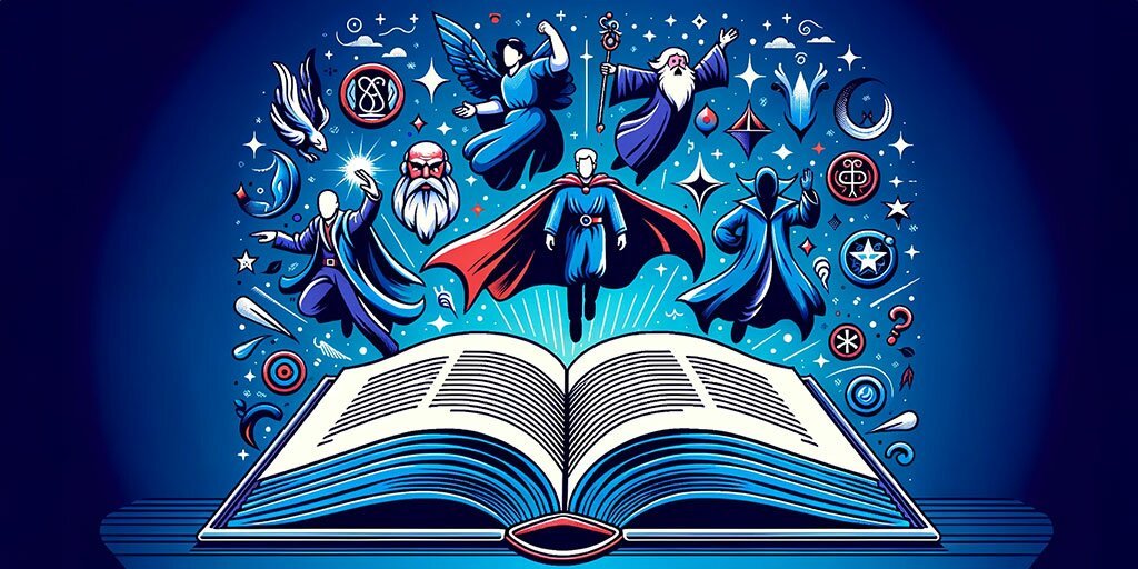 Characters emerging from an open book, representing archetypes in literature, art, and myths.