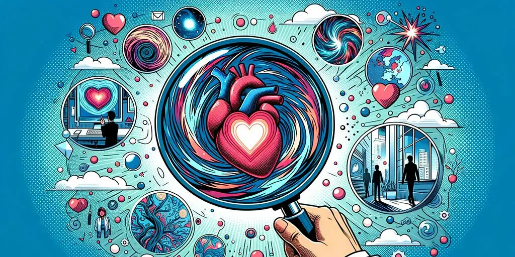 Magnifying glass revealing character's emotions and memories with external events in the background.