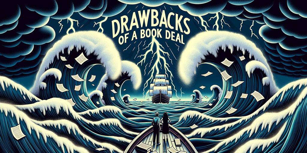 Authors on a boat in turbulent waters, symbolizing the challenges and drawbacks of a book deal.
