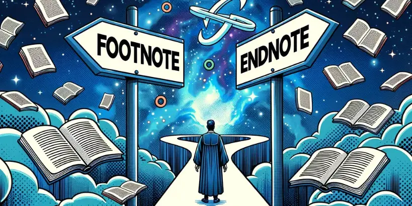 Scholarly individual deciding between paths labeled 'Footnote' and 'Endnote' amidst flying books