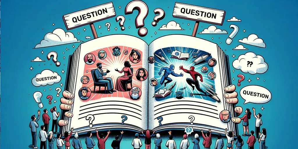 Open book with split page comparing character-driven emotions and plot-driven action sequences, surrounded by curious readers with questions.
