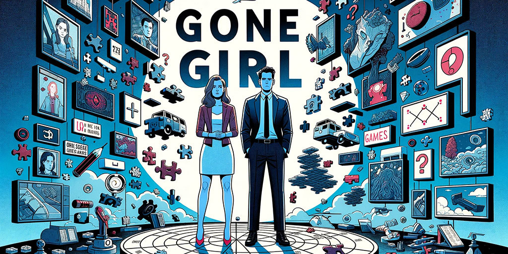 Nick and Amy from 'Gone Girl' surrounded by puzzles and clues in a suspenseful environment.