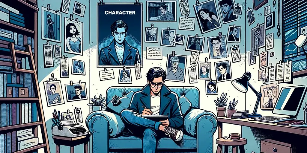 Author immersed in writing surrounded by character diaries, photographs, and mementos, emphasizing character understanding.