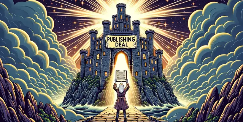 Author at the gates of a massive fortress with a glowing manuscript, 'Book Deal' parchment spotlighted.