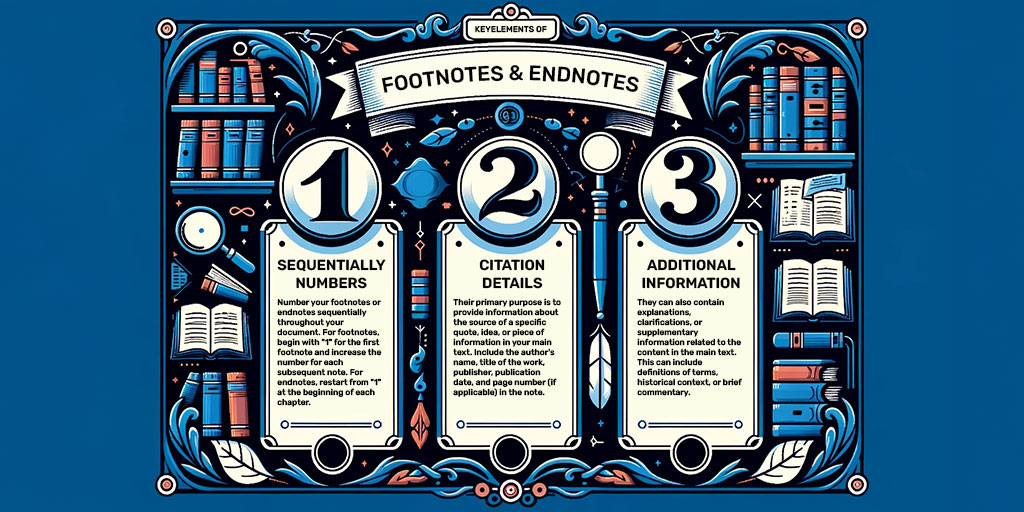 Detailed infographic showcasing the distinct elements of footnotes and endnotes with illustrative designs.