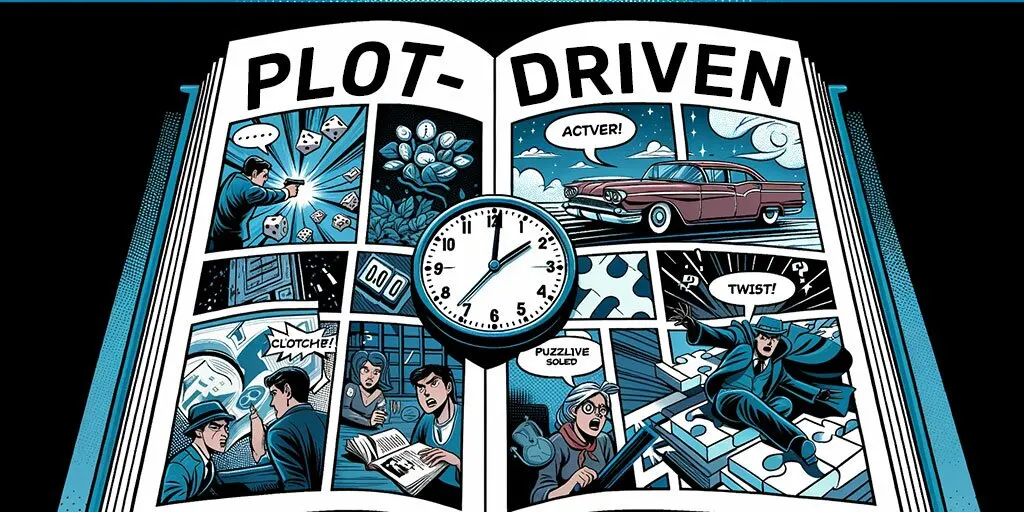 A book unveiling fast-paced plot-driven events with a background urgency clock.