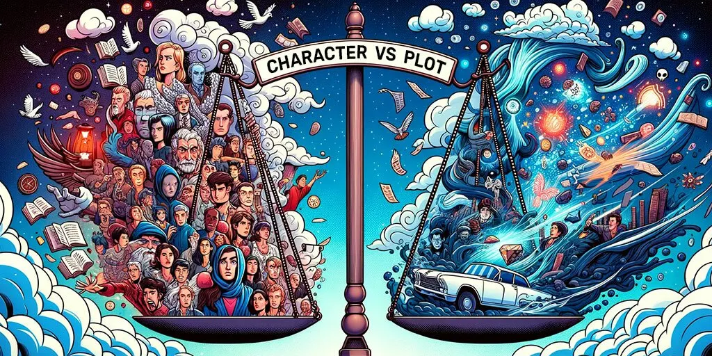 Grand scale balancing character-driven emotional portraits and plot-driven dynamic sequences with 'Plot-Driven-vs-Character-Driven' clouded title.