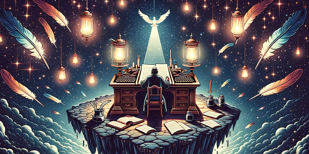 Author writing at a grand desk on a floating island, surrounded by a celestial backdrop and ethereal quills.