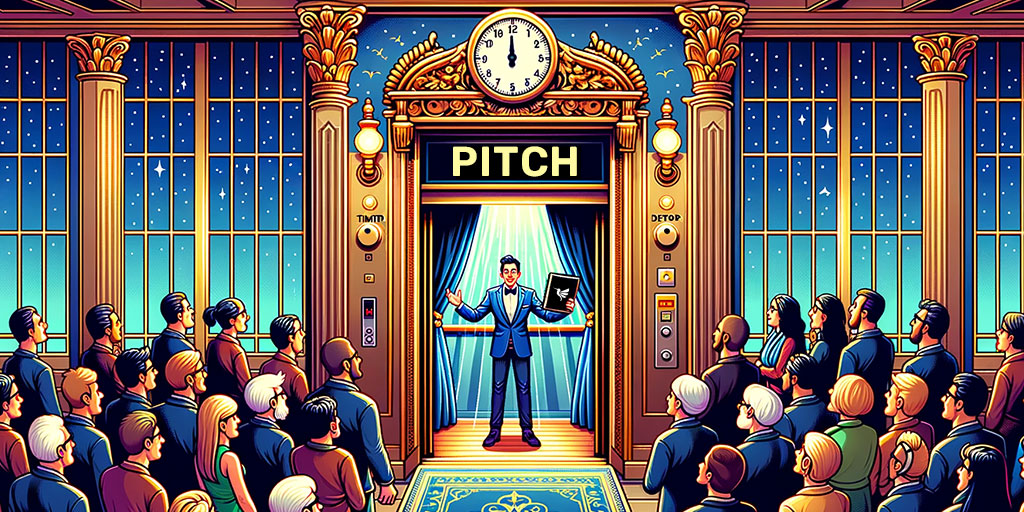 Author in ornate elevator captivating listeners with book pitch as a 2-minute timer counts down in a radiant hotel lobby.
