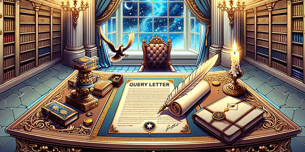 Grand study room with a quill penning a query letter, emblem of a publishing house, and winged messenger awaiting in a celestial ambiance.