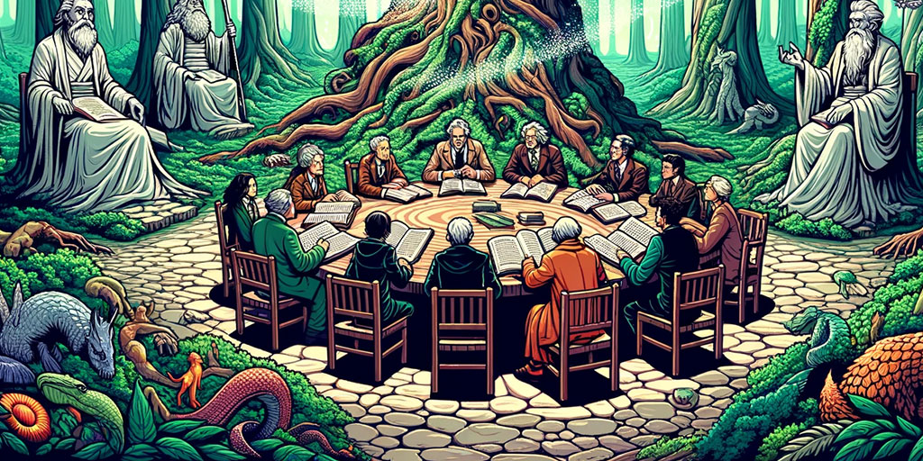 Authors around a tree stump table in an ancient forest, with magical essence and guardian statues.