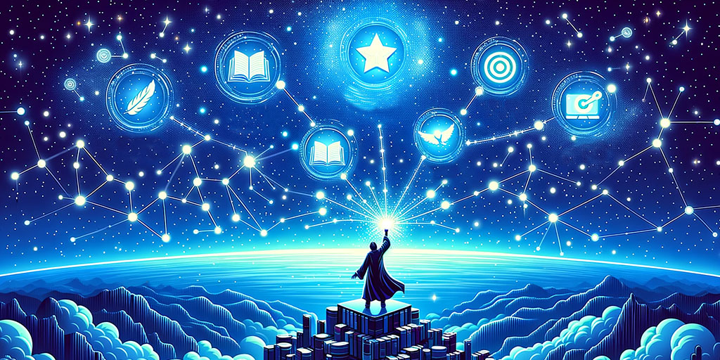 A digital realm where the author stands on an emerging platform, pulling in elements representing various aspects of the 'Author Platform', set against a literary universe