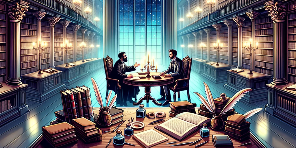 A grand library setting where the agent and author are deep in conversation amidst towering bookshelves.