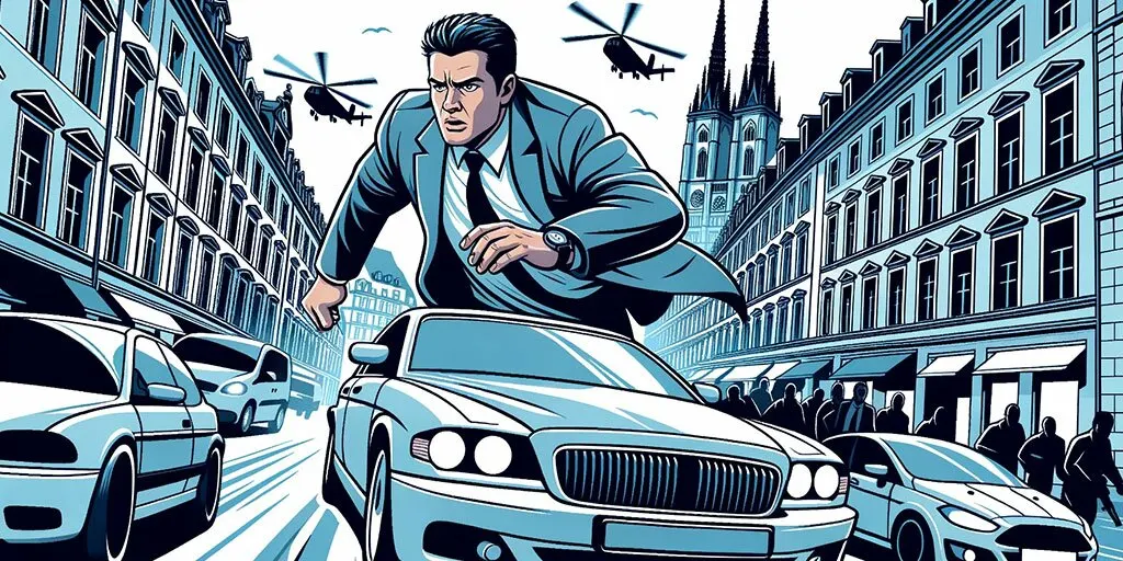 Action-packed scene from 'The Bourne Identity' with Jason Bourne evading pursuers in a European city, capturing the essence of a plot-driven thriller.
