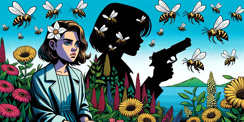 Young Lily Owens in a garden with bees, shadow of her younger self with a traumatic past in the background.