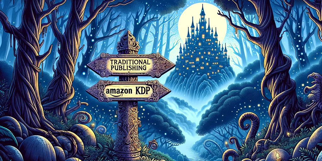 Mystical forest with ornate signposts 'Traditional Publishing' city 'Self-Publishing' under moonlit blue hues.