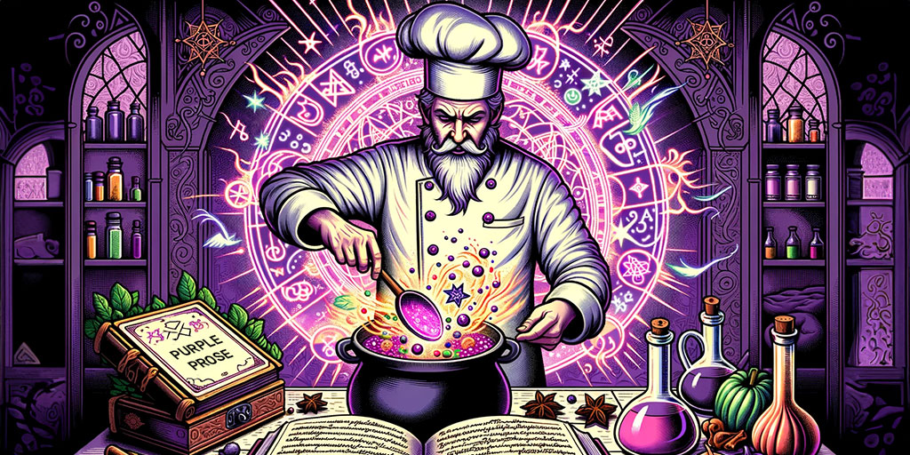 Legendary alchemist chef stirring a glowing cauldron next to a grimoire inscribed with 'Purple Prose' in an ancient laboratory