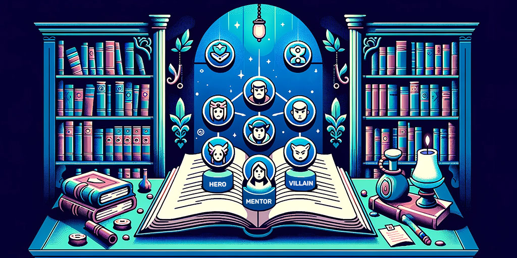 Open book in a library with symbols of various character archetypes like Hero, Mentor, and Villain.